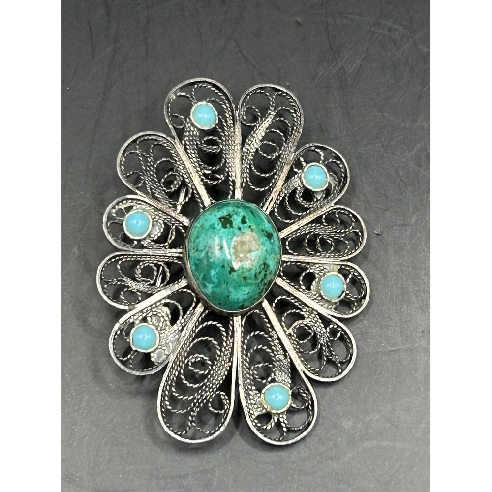 VTG Israel Yemenite Filigree Sterling Silver Eilat Stone  Brooch Pendant